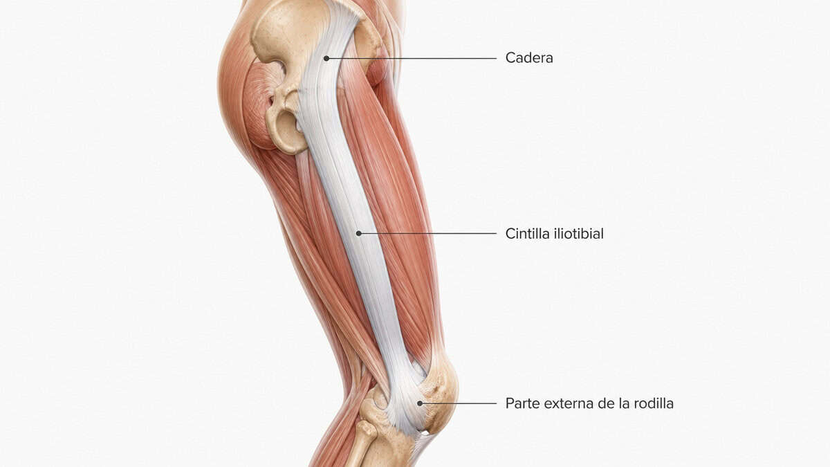 Imagen anatómica de la cintilla iliotibial señalando la cadera, la banda iliotibial y la parte externa de la rodilla