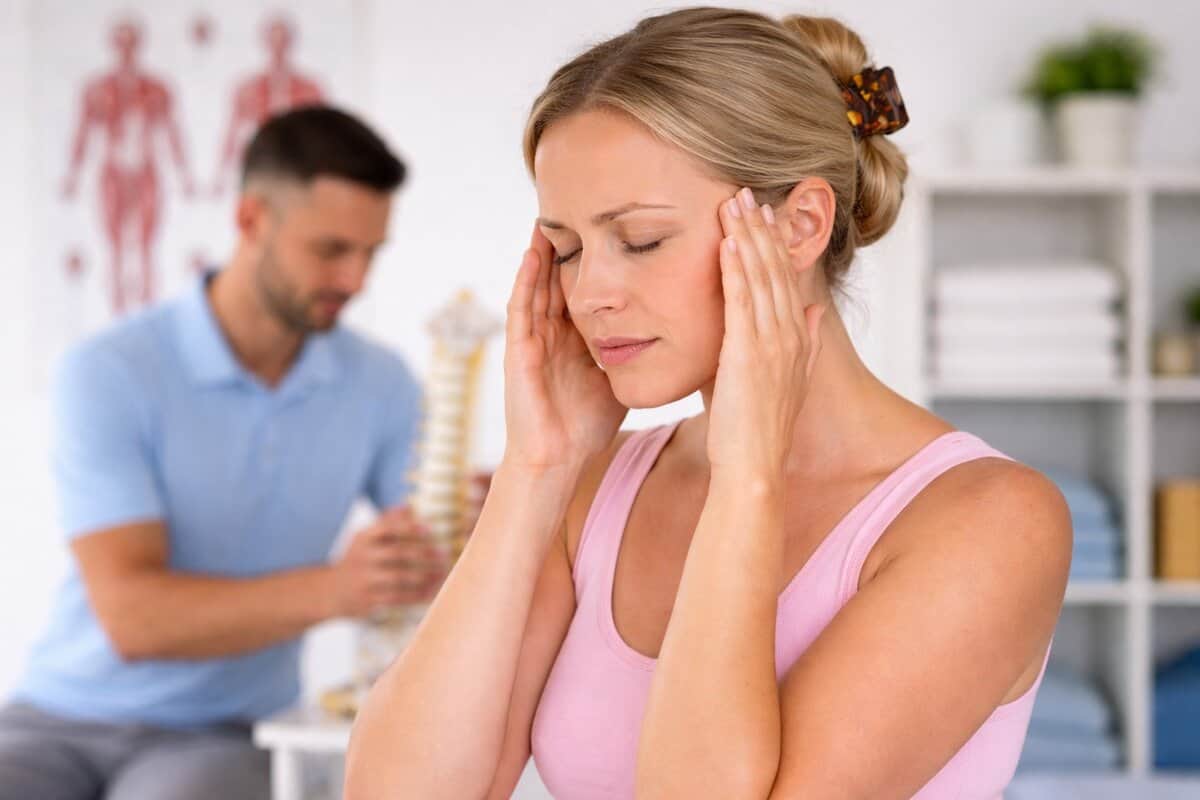 mujer con cefalea tensional tocándose las sienes en consulta de fisioterapia