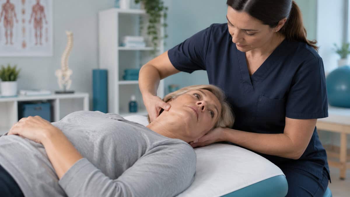 Fisioterapeuta sujetando la cabeza de una paciente en una imagen sobre vértigo posicional